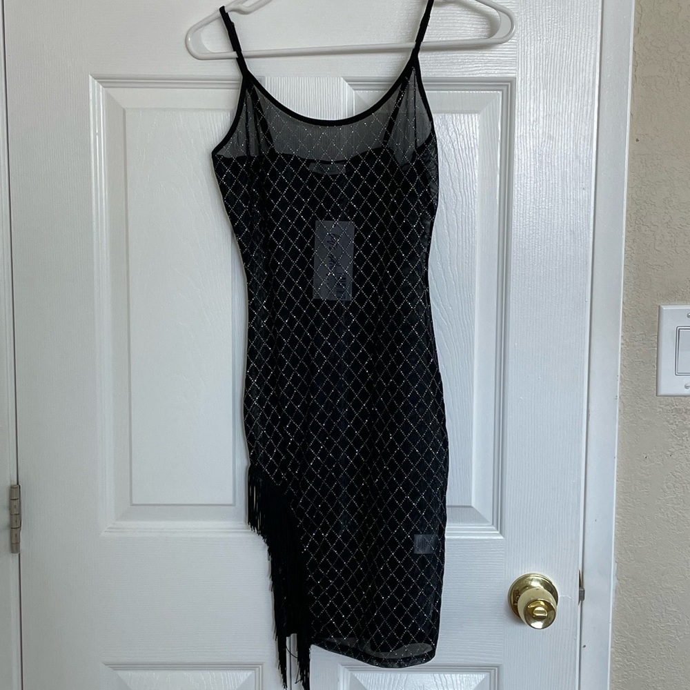 NWT Naomi Black Fringe Festival Mini Dress with Silver Rhinestone Embellishment